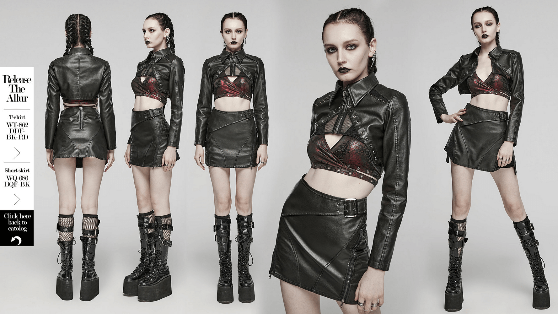 Edgy black faux leather punk jacket with mesh and spikes, styled with a daring crop top and short skirt, perfect for a rockstar vibe.