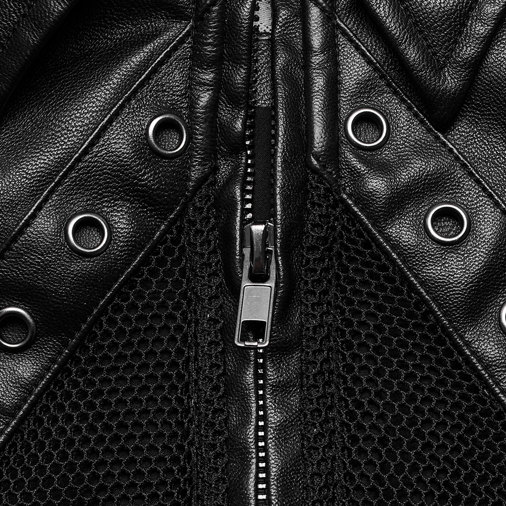 Close-up of black faux leather punk jacket featuring mesh front, spikes, and zipper details for an edgy look.