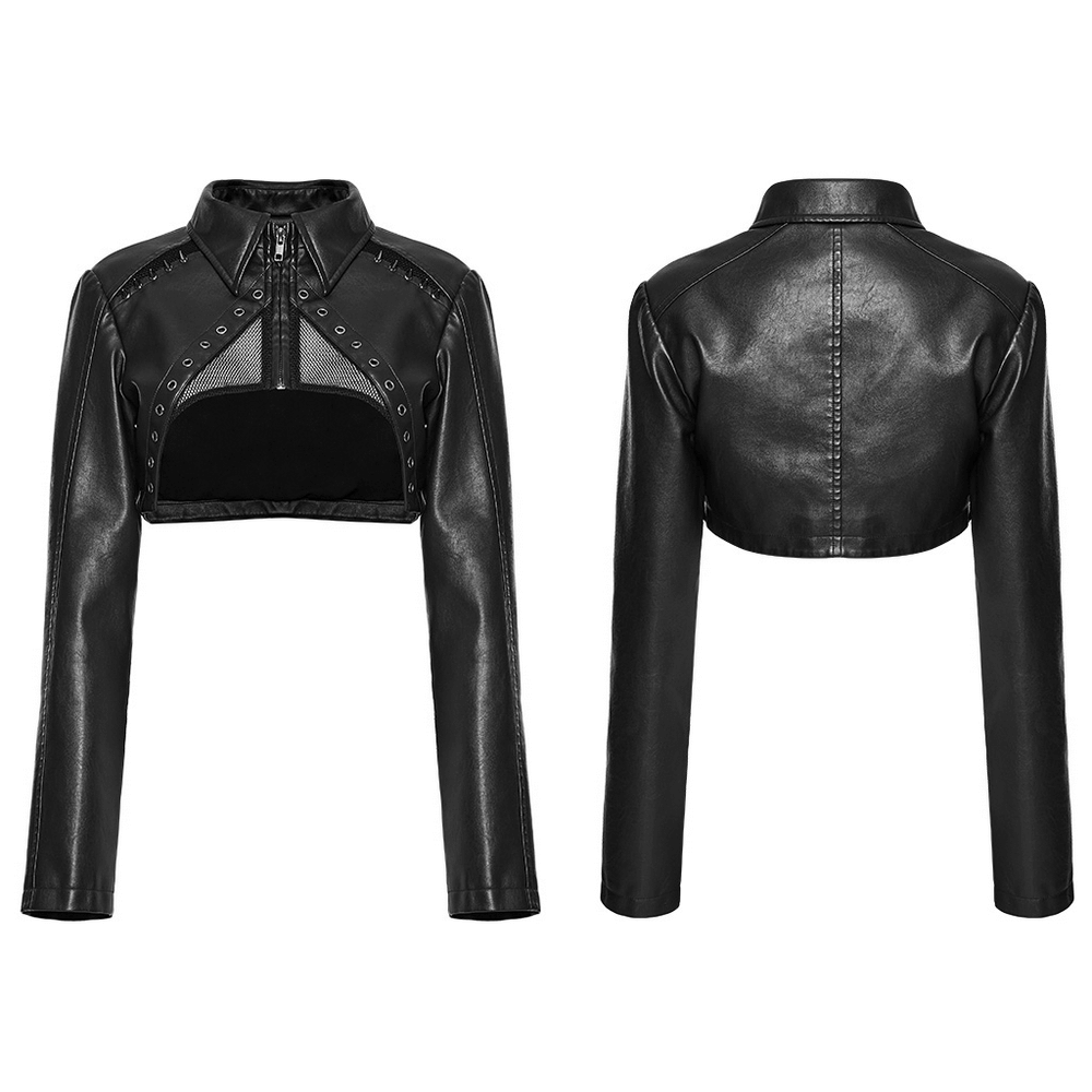 Edgy black faux leather punk jacket with mesh and spikes, showcasing a stylish cropped design and revealing front.