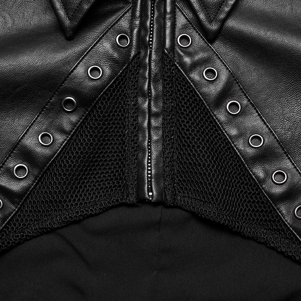 Close-up view of the black faux leather punk jacket showcasing mesh fabric and grommet details.