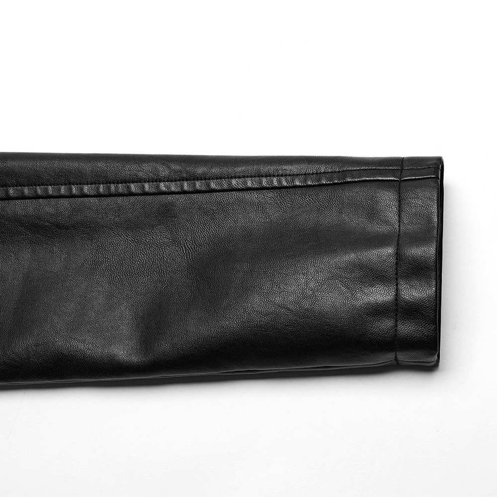 Close-up of the sleeve of a black faux leather punk jacket, showcasing the sleek texture and stylish design.