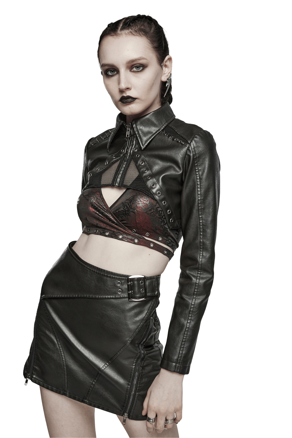 Edgy black faux leather punk jacket with mesh cutout and spikes, perfect for channeling your inner rockstar.
