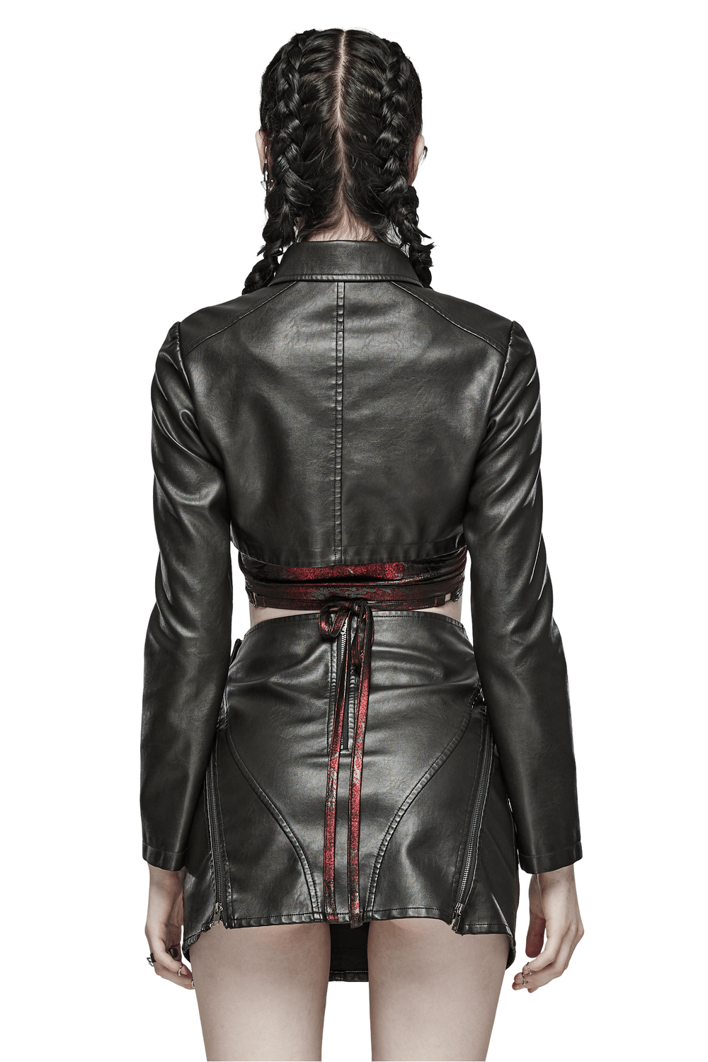 Back view of a black faux leather punk jacket with red detailing, showcasing style and edginess.