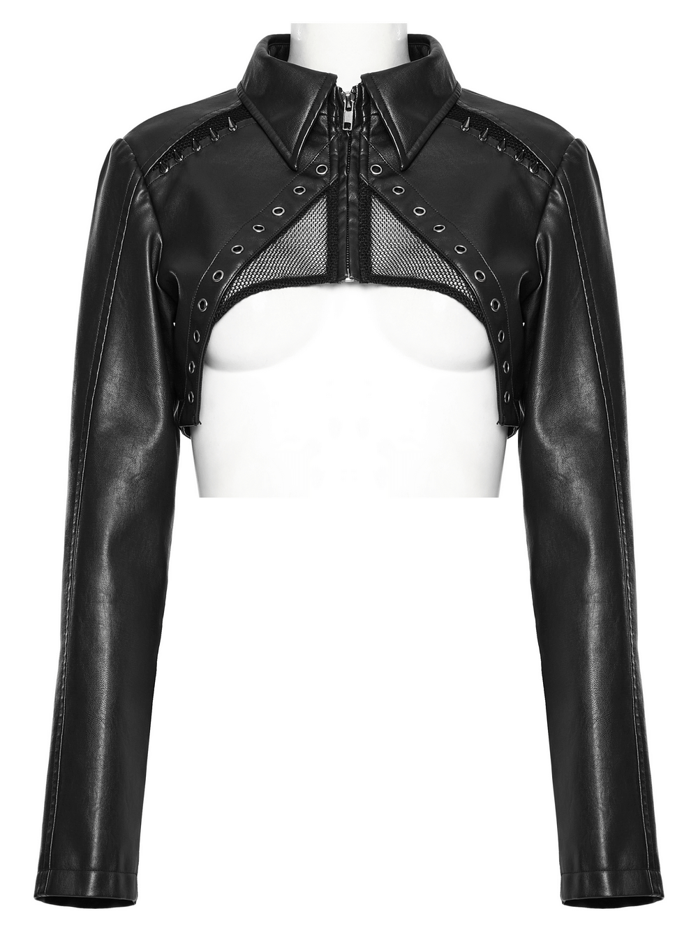 Black Faux Leather Punk Jacket with Mesh And Spikes