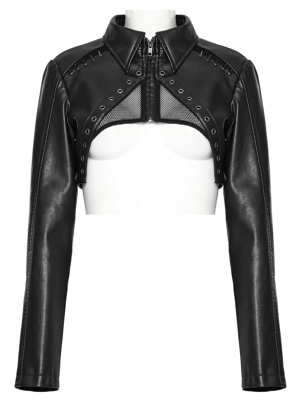 Edgy black faux leather punk jacket featuring mesh cutout and spikes, perfect for style rebels.