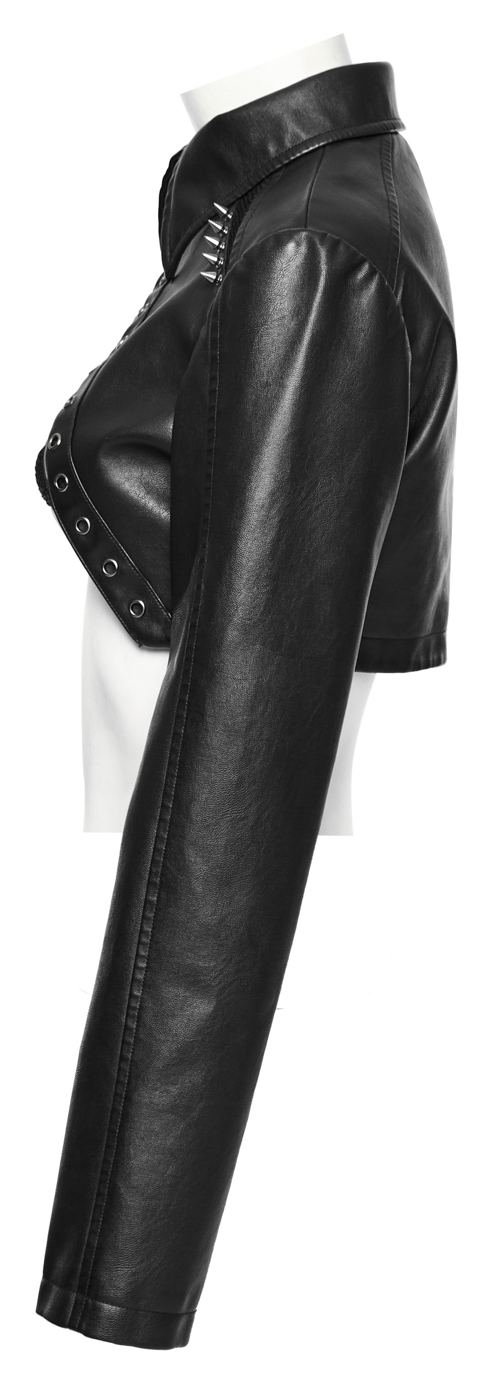 Side view of a black faux leather punk jacket with spikes and mesh details, perfect for edgy fashion enthusiasts.