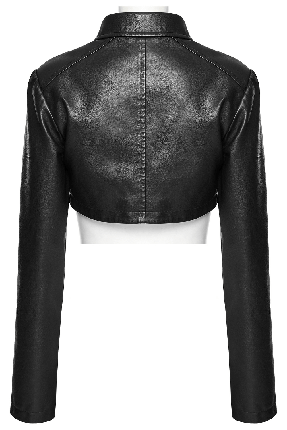 Back view of a stylish black faux leather punk jacket with crop cut and smooth finish.
