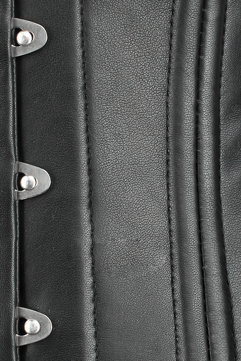 Close-up of black faux leather waist training corset showing steel busk and structured design for support.