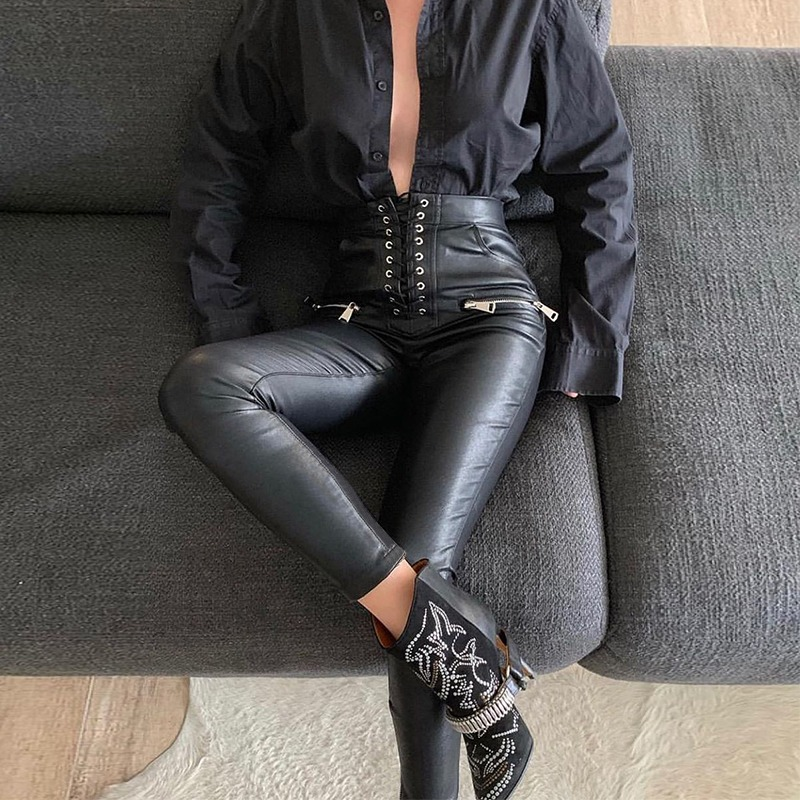 Black Faux Leather Women's Pencil Pants / Lace-Up High Waisted Skinny Trousers With Zippers - HARD'N'HEAVY