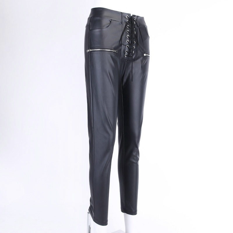 Black Faux Leather Women's Pencil Pants / Lace-Up High Waisted Skinny Trousers With Zippers - HARD'N'HEAVY