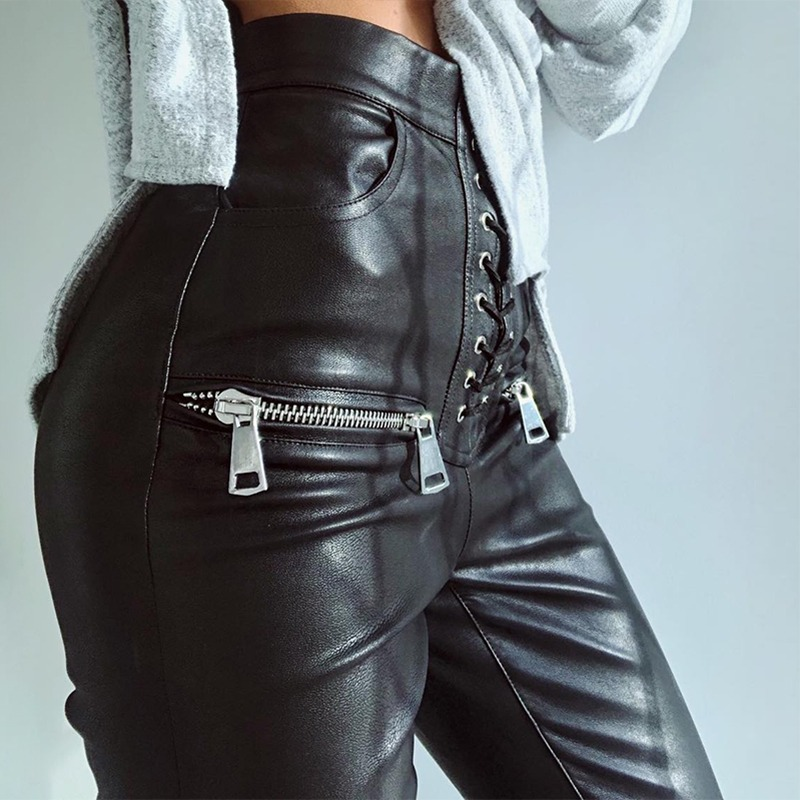 Black Faux Leather Women's Pencil Pants / Lace-Up High Waisted Skinny Trousers With Zippers - HARD'N'HEAVY