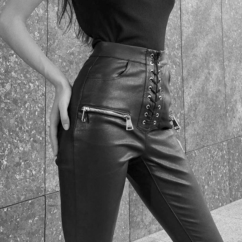 Black Faux Leather Women's Pencil Pants / Lace-Up High Waisted Skinny Trousers With Zippers - HARD'N'HEAVY