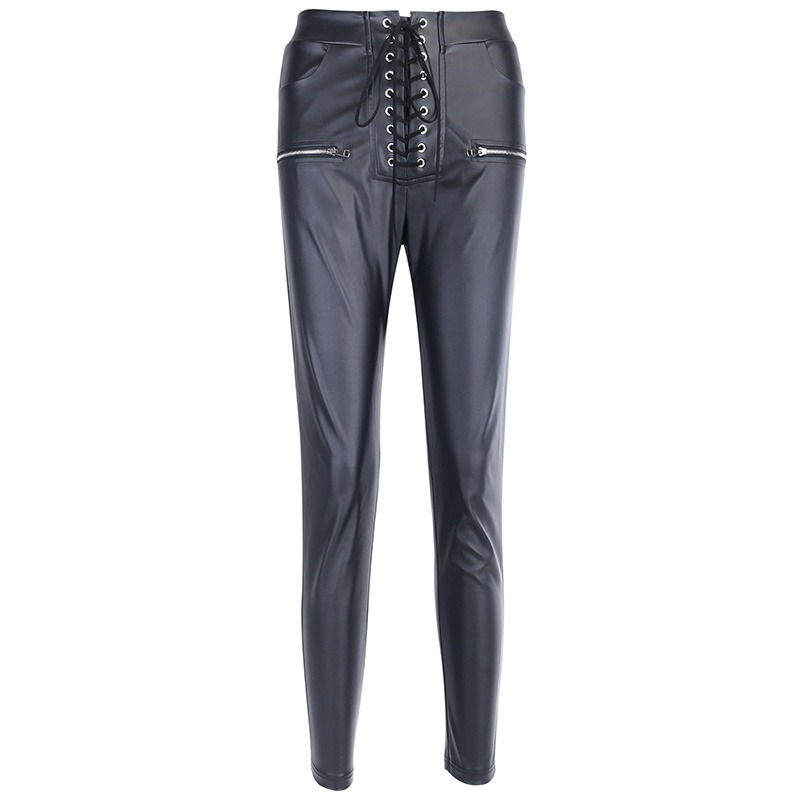 Black Faux Leather Women's Pencil Pants / Lace-Up High Waisted Skinny Trousers With Zippers - HARD'N'HEAVY