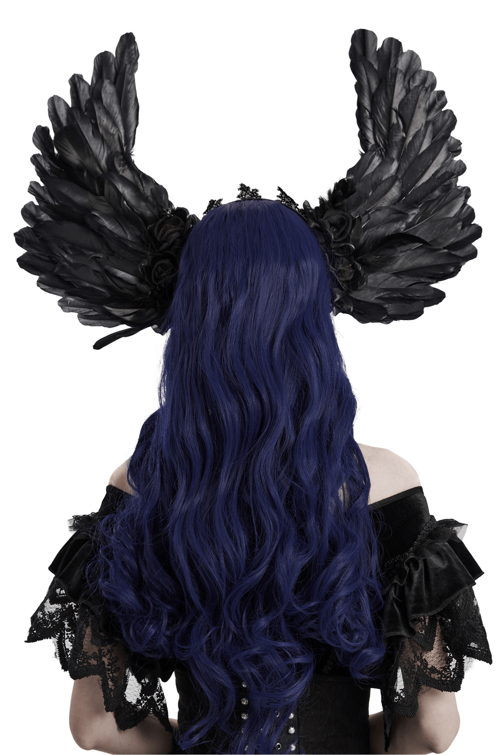 Black feather angel wings headband showcasing a gothic style with dramatic devil wings and handmade fabric flowers.