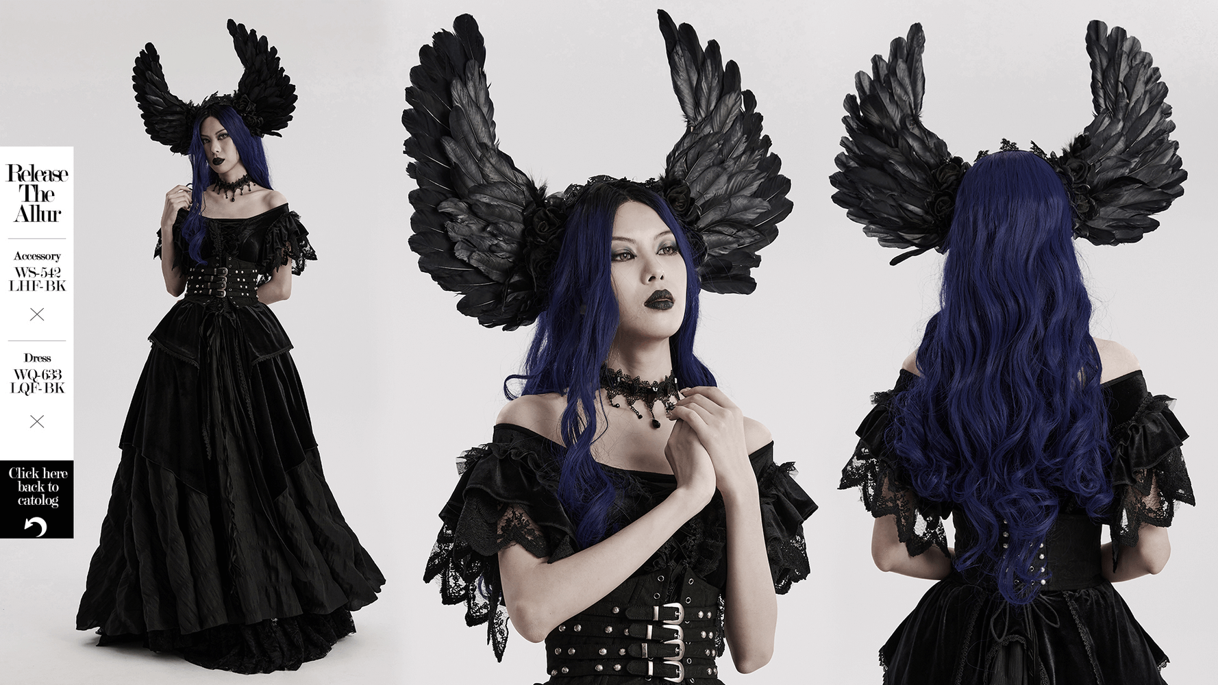 Gothic black feather angel wings headband, perfect for dark angel looks with feminine fabric flowers and lace accents.