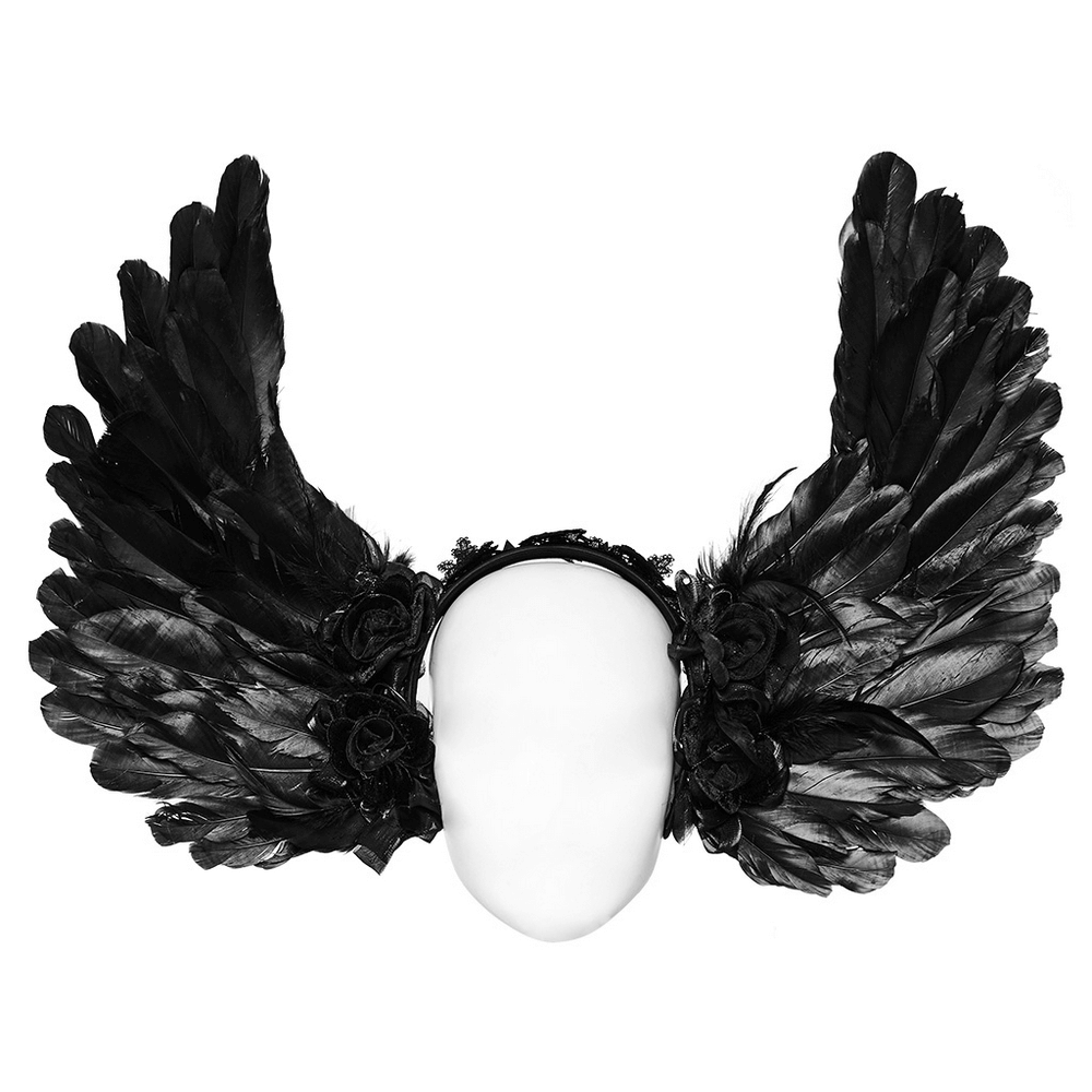 Black feather angel wings headband with lace and floral accents for a gothic accessory look.