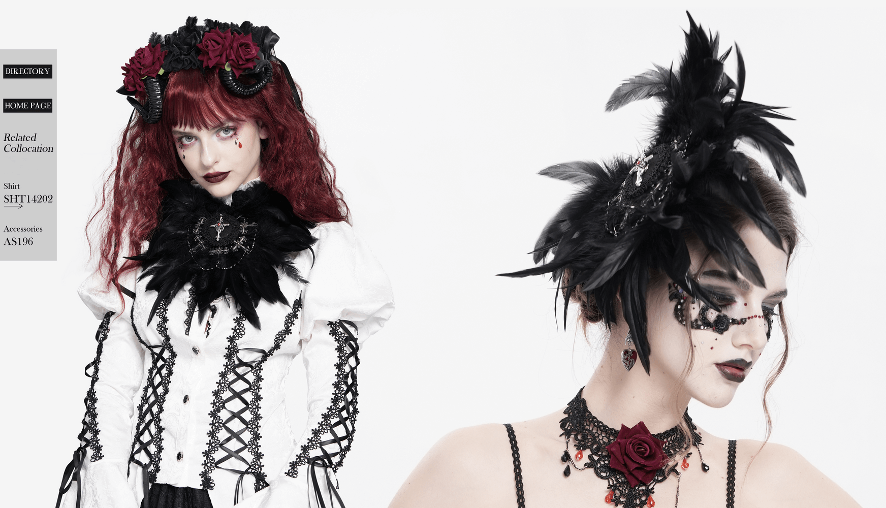 Black feather brooch and hair clip with lace and cross detail, featuring gothic Victorian style on fashionable models.
