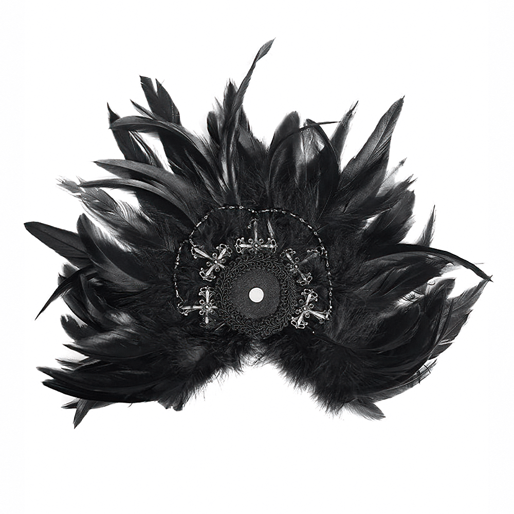 Black feather brooch and hair clip with lace and cross detail, perfect for gothic and Victorian styles.