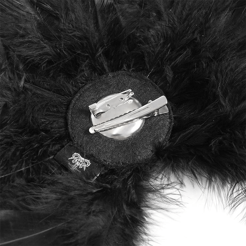 Reverse view of a black feather brooch with a clip and lace detail, perfect for gothic and Victorian styles.