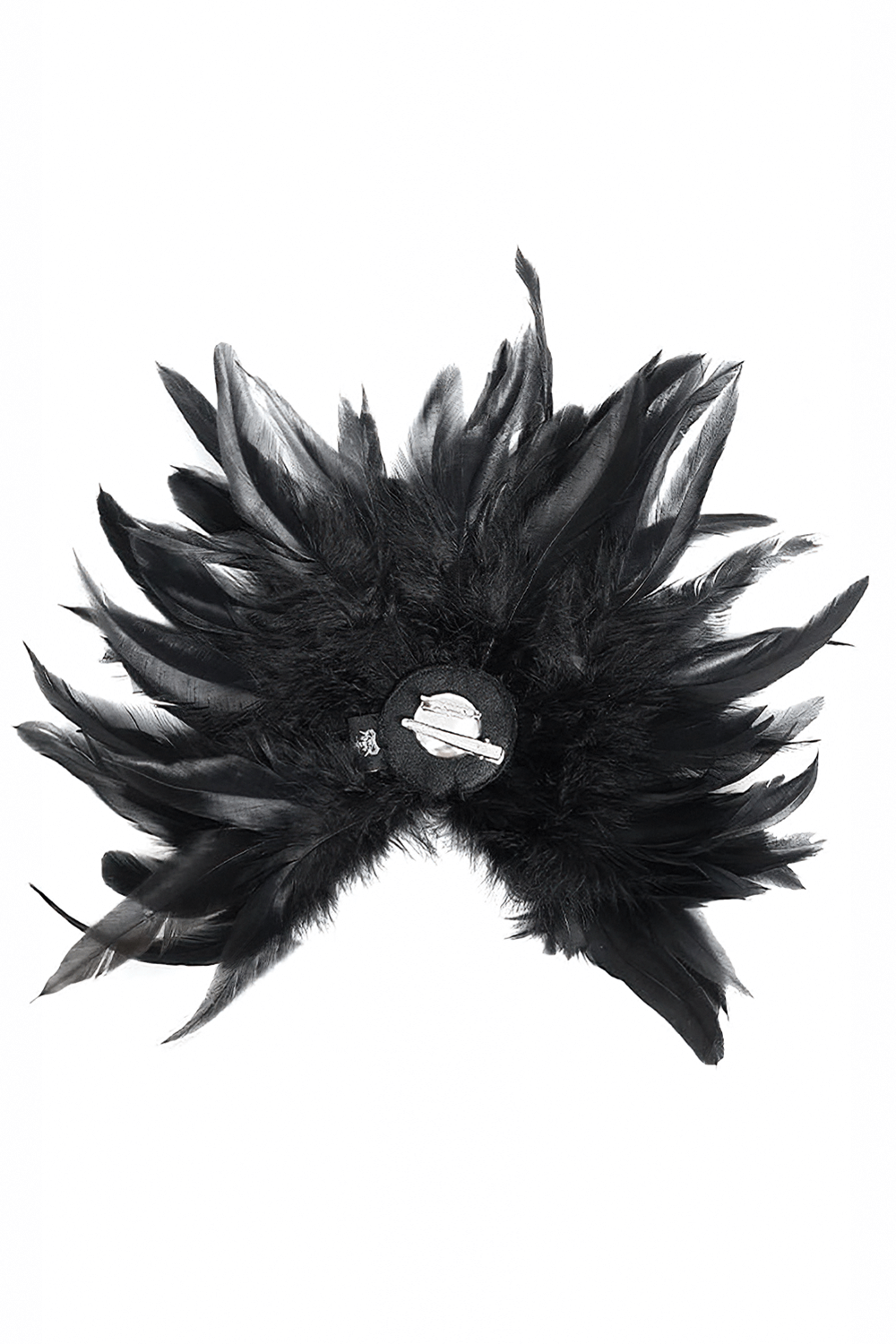 Victorian black feather brooch and hair clip with intricate lace and cross design, perfect for gothic and steampunk styles.