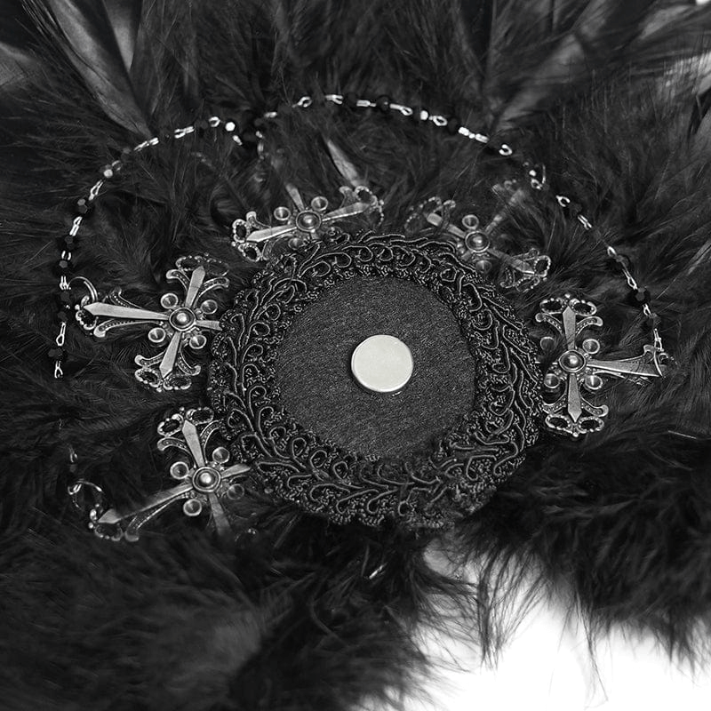 Intricate black feather brooch featuring lace detail and ornate cross design, perfect for gothic and Victorian styles.