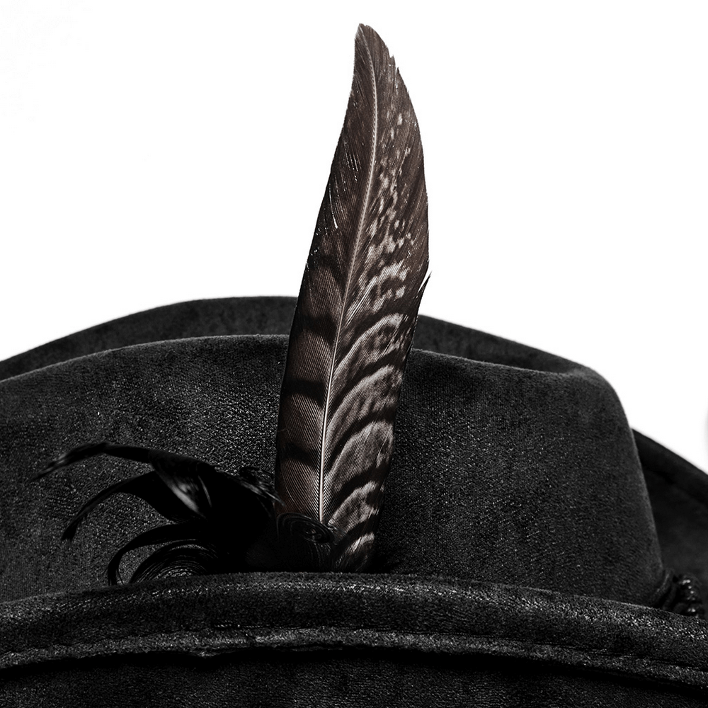 Gothic black cowboy hat with feather and braided band for edgy Western style.