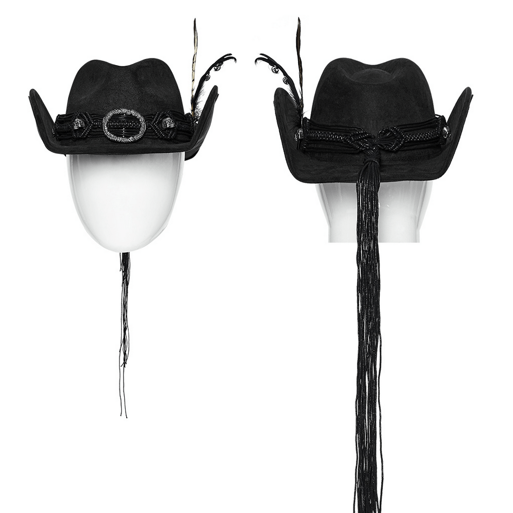 Black Feathered Gothic Cowboy Hat with Braided Band and Simulated Sheep Horns, Front and Back View