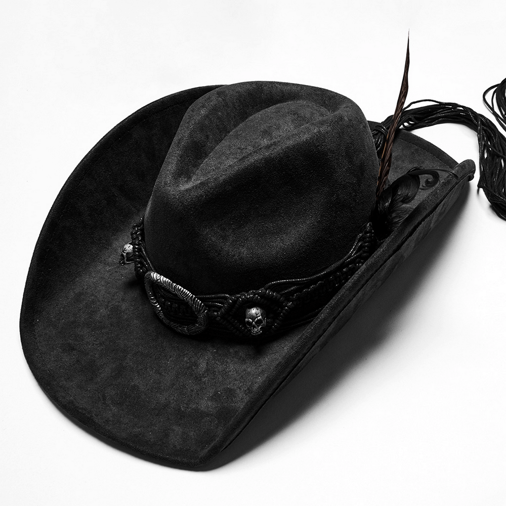 Black Feathered Gothic Cowboy Hat with Braided Band and Simulated Sheep Horns on White Background