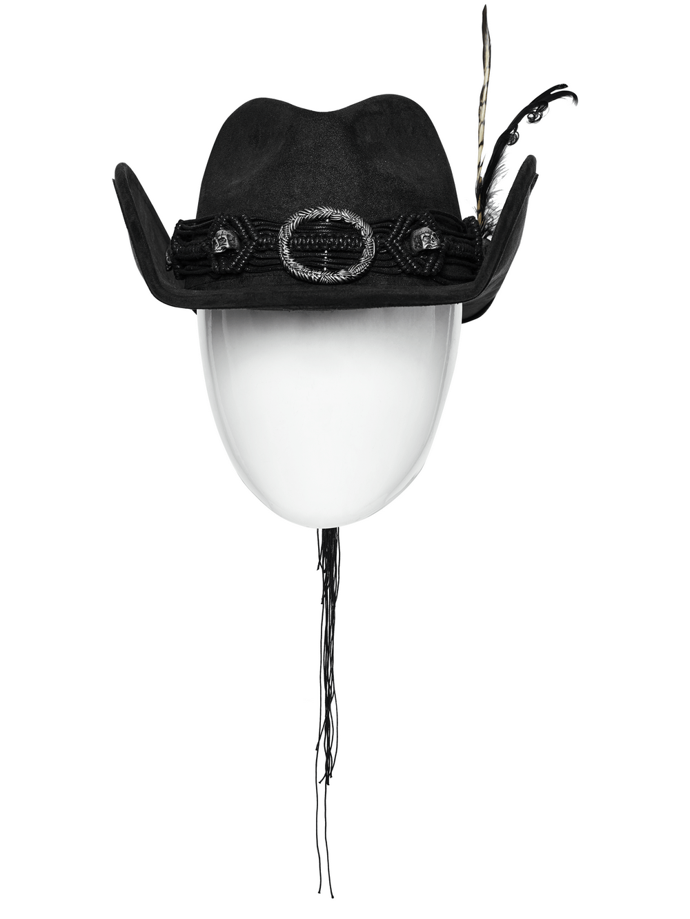 Black feathered gothic cowboy hat with braided band and simulated sheep horns, showcasing dark elegance and unique style.