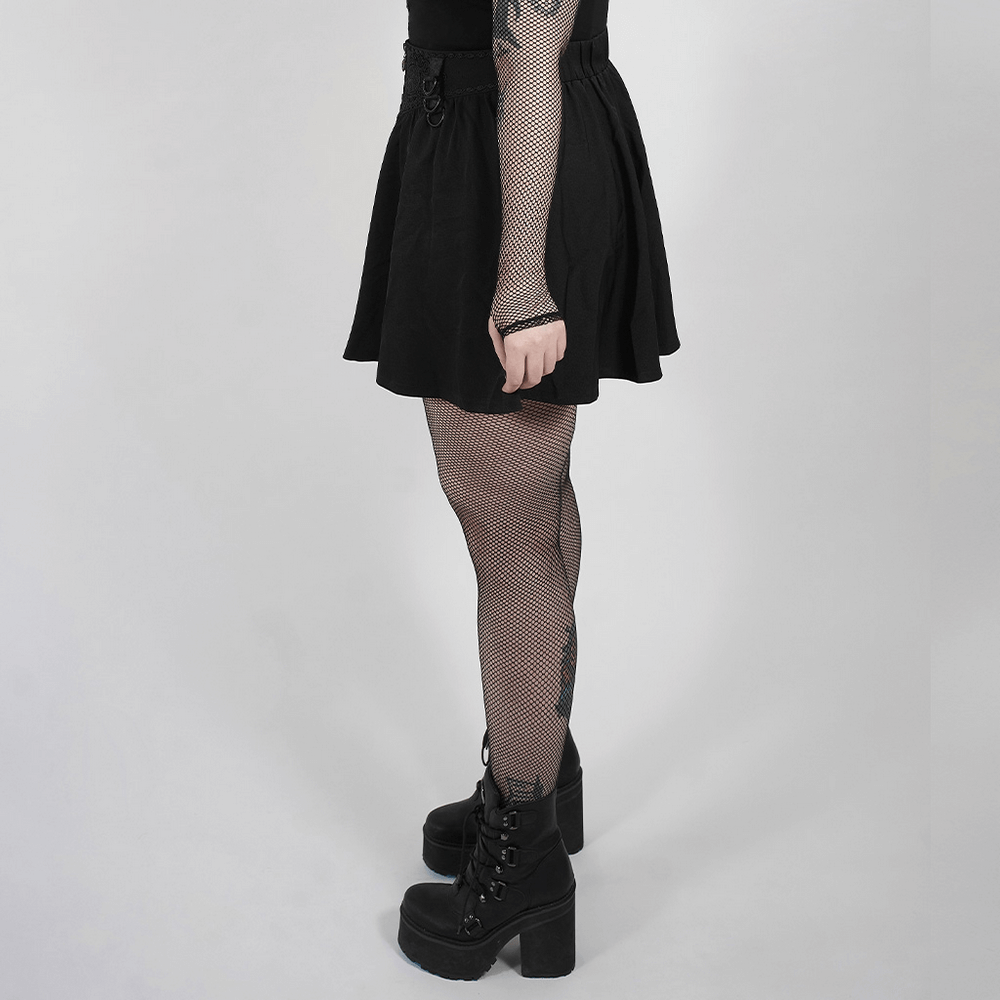 Black Fishnet Detail Flared Gothic Skirt - HARD'N'HEAVY