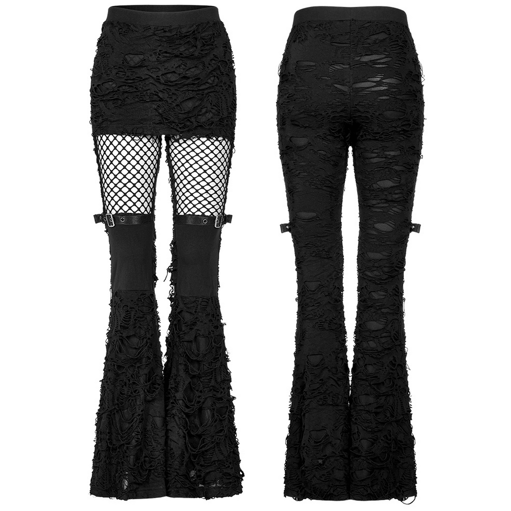 Black Fishnet Flared Leggings with Ripped Skirt Panel