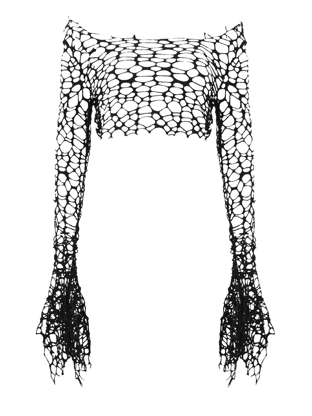 Black Fishnet Mesh Off-Shoulder Gothic Crop Top showcasing an open-knit texture and dramatic flared sleeves.