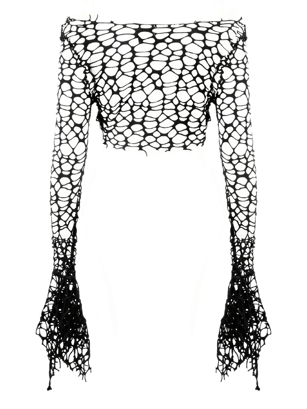 Black Fishnet Mesh Off-Shoulder Gothic Crop Top showcasing dramatic flared sleeves and open-knit texture.