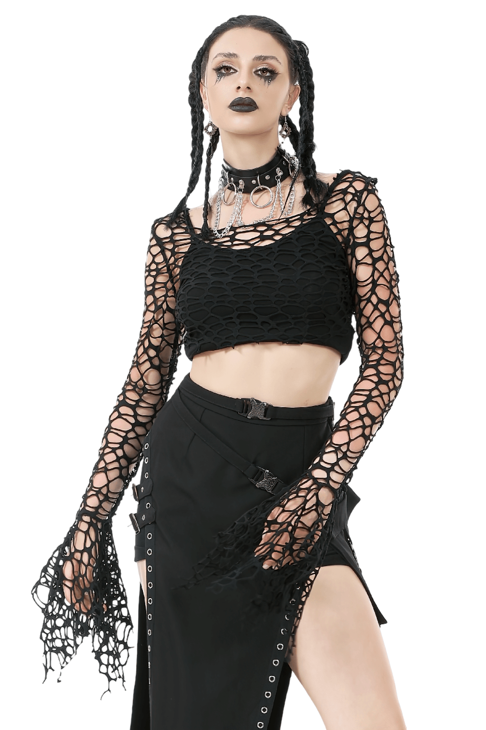 Black Fishnet Mesh Off-Shoulder Gothic Crop Top worn by model with dramatic makeup and edgy black skirt.