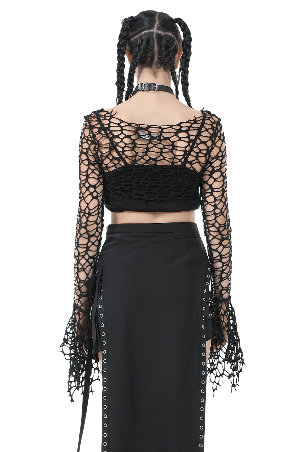 Back view of a woman wearing a Black Fishnet Mesh Off-Shoulder Gothic Crop Top with flared sleeves.