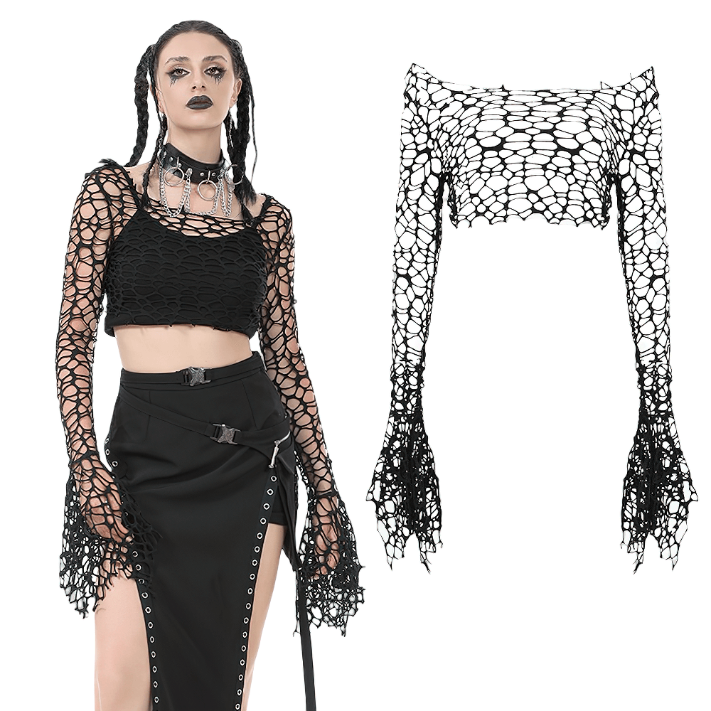 Black Fishnet Mesh Off-Shoulder Gothic Crop Top featuring flared sleeves and open-knit texture.