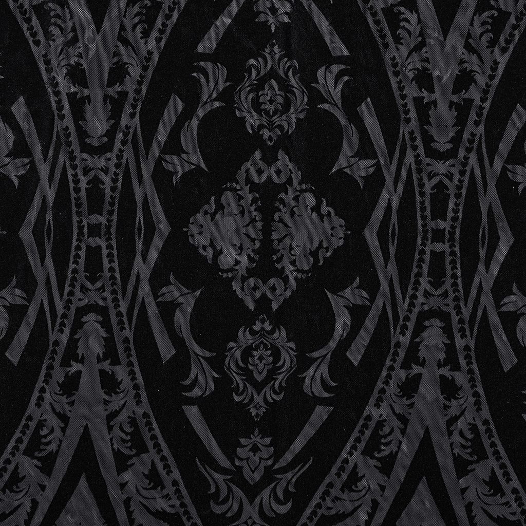 Elegant black patterned flocked mesh featuring intricate gothic designs and vintage charm.