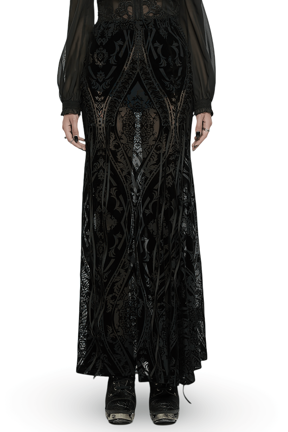 Black gothic maxi skirt with lace details and dynamic flow, featuring intricate totem pattern and lace drawstrings.