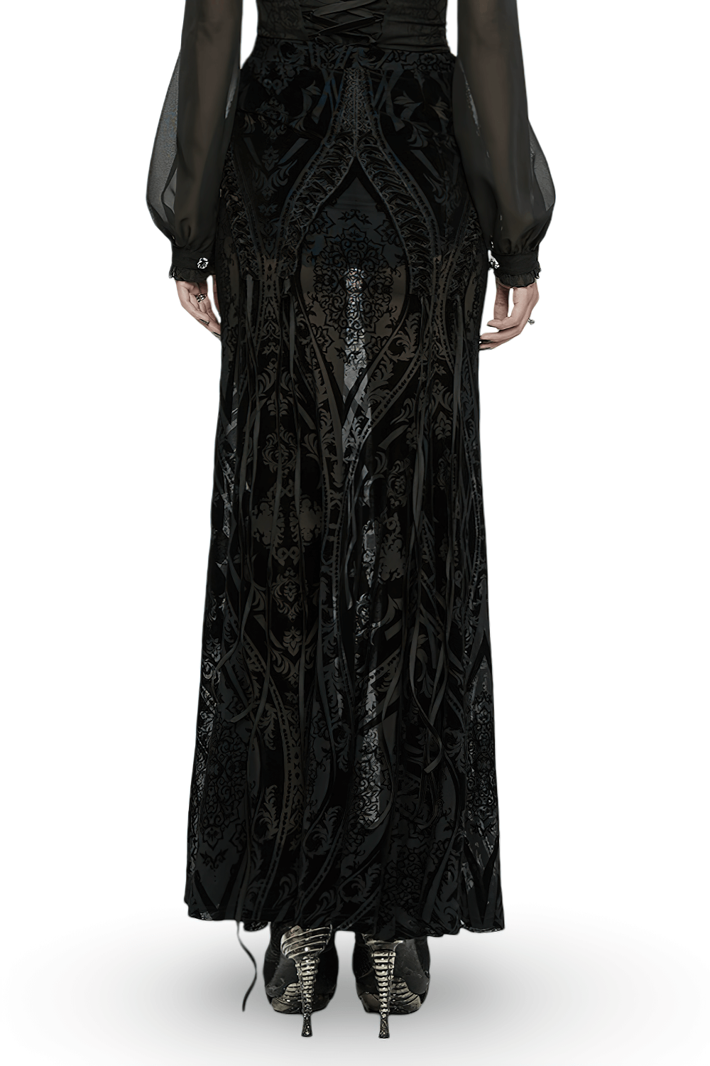 Back view of a black flocked mesh gothic maxi skirt with lace details and elegant totem design.