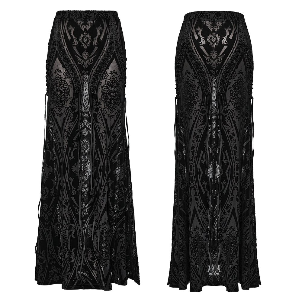 Black gothic maxi skirt with lace details and intricate totem design, perfect for a dramatic statement.