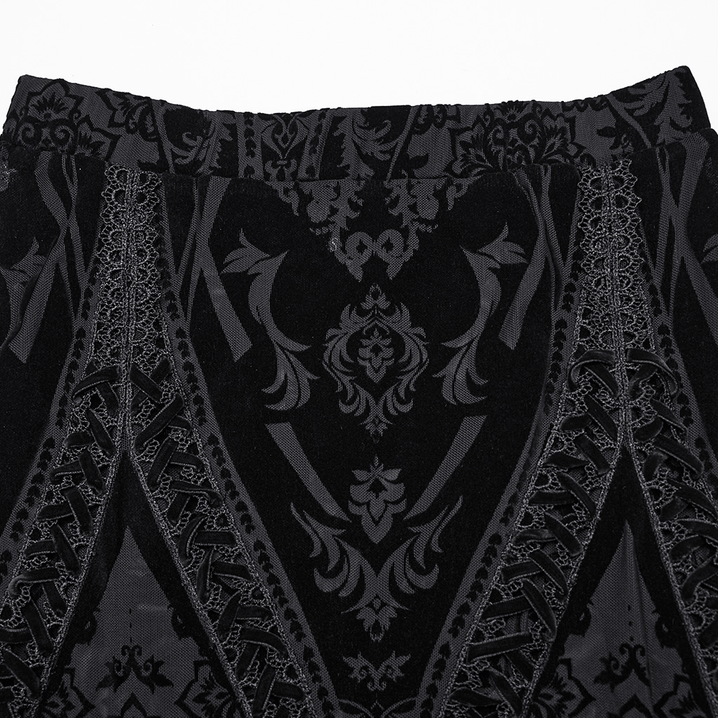 Black flocked mesh top of gothic maxi skirt featuring intricate lace details and a striking pattern.