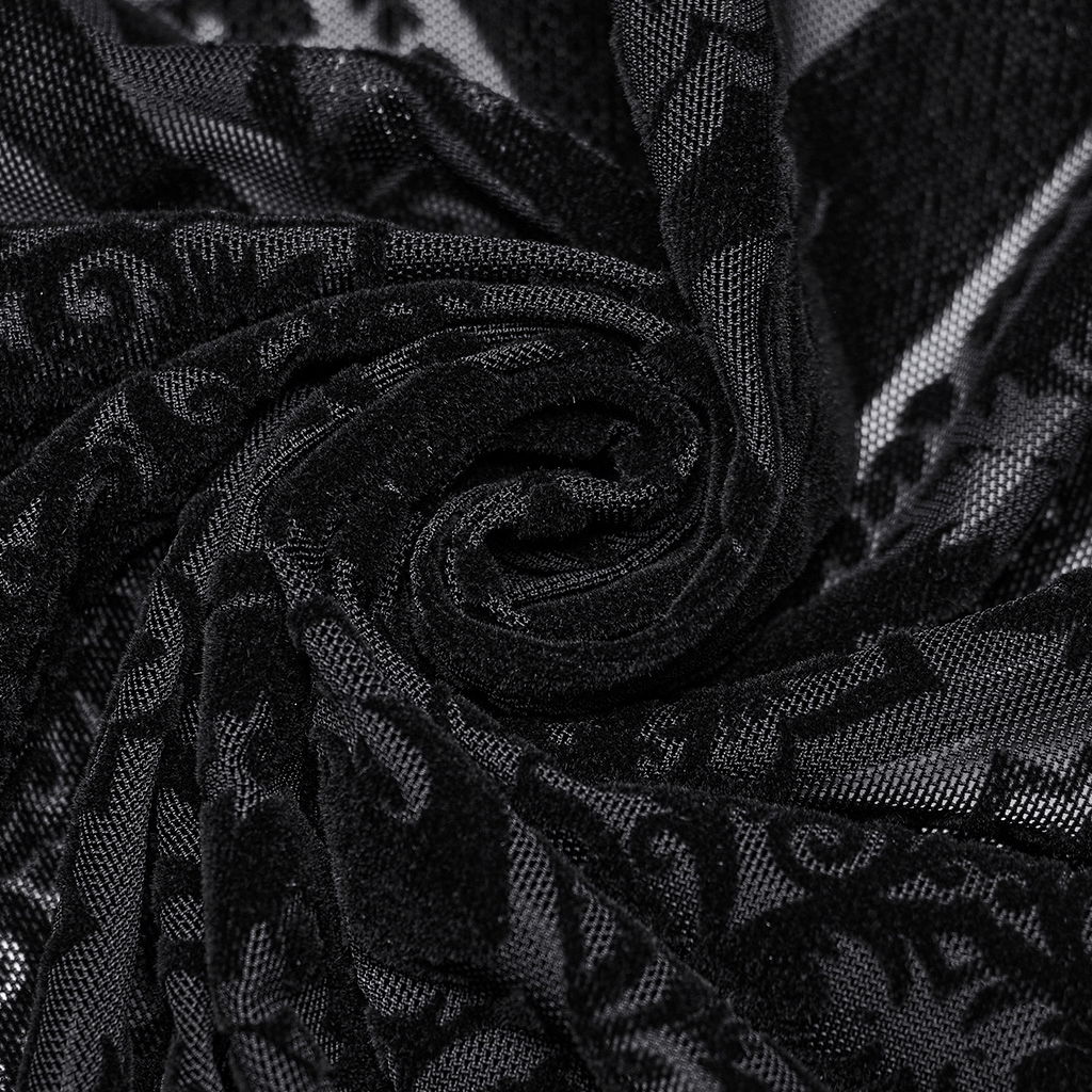 Black flocked mesh fabric detail showcasing intricate gothic patterns and luxurious texture for a stunning maxi skirt.