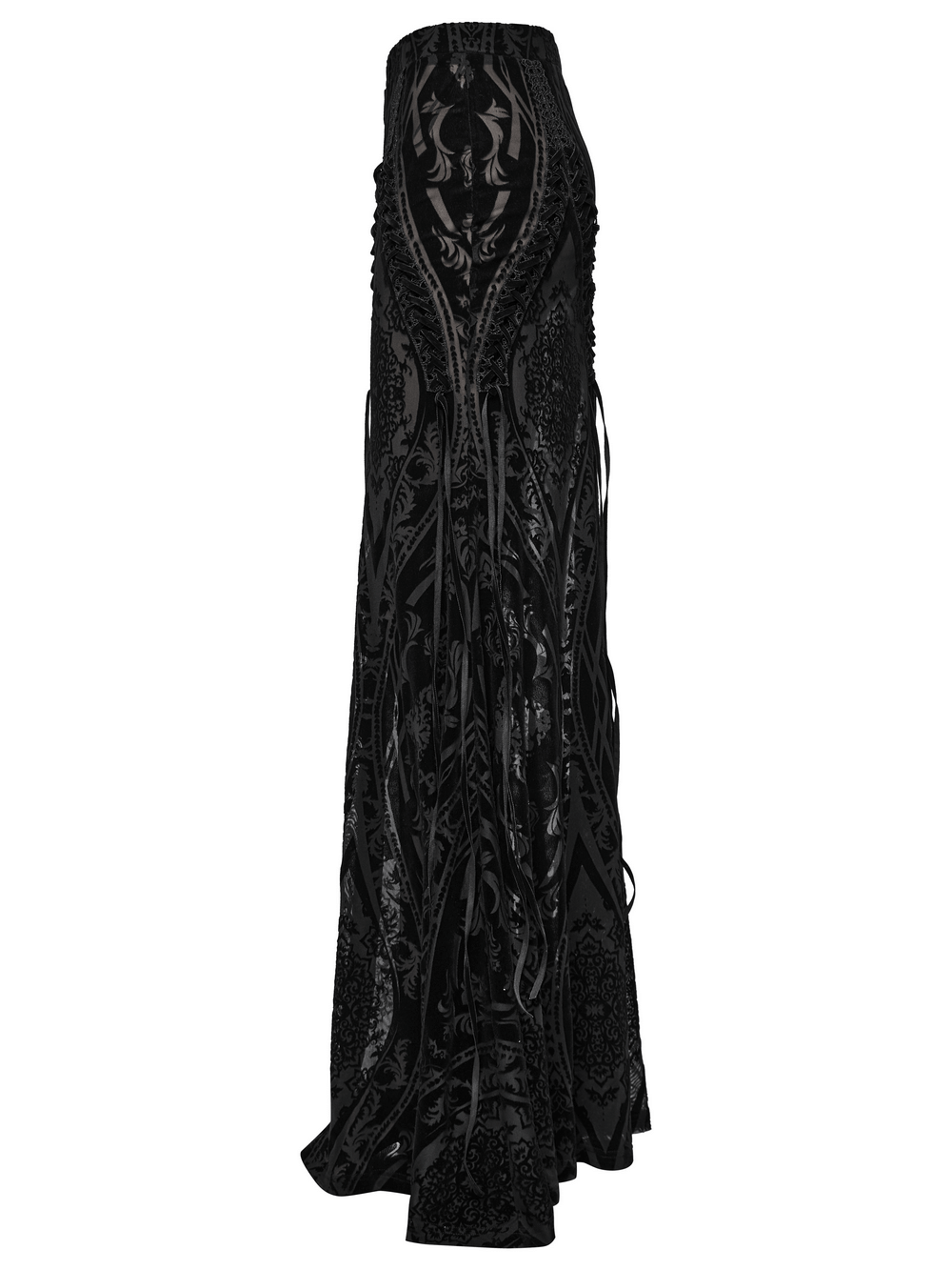 Black flocked mesh gothic maxi skirt with lace details and flowing design, featuring a stunning totem pattern.