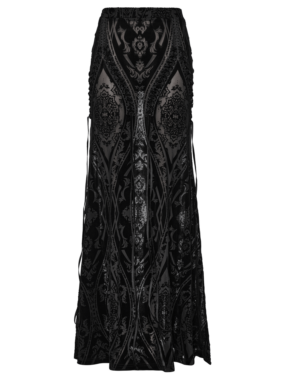 Black maxi skirt with lace details and intricate totem design, perfect for gothic fashion lovers.