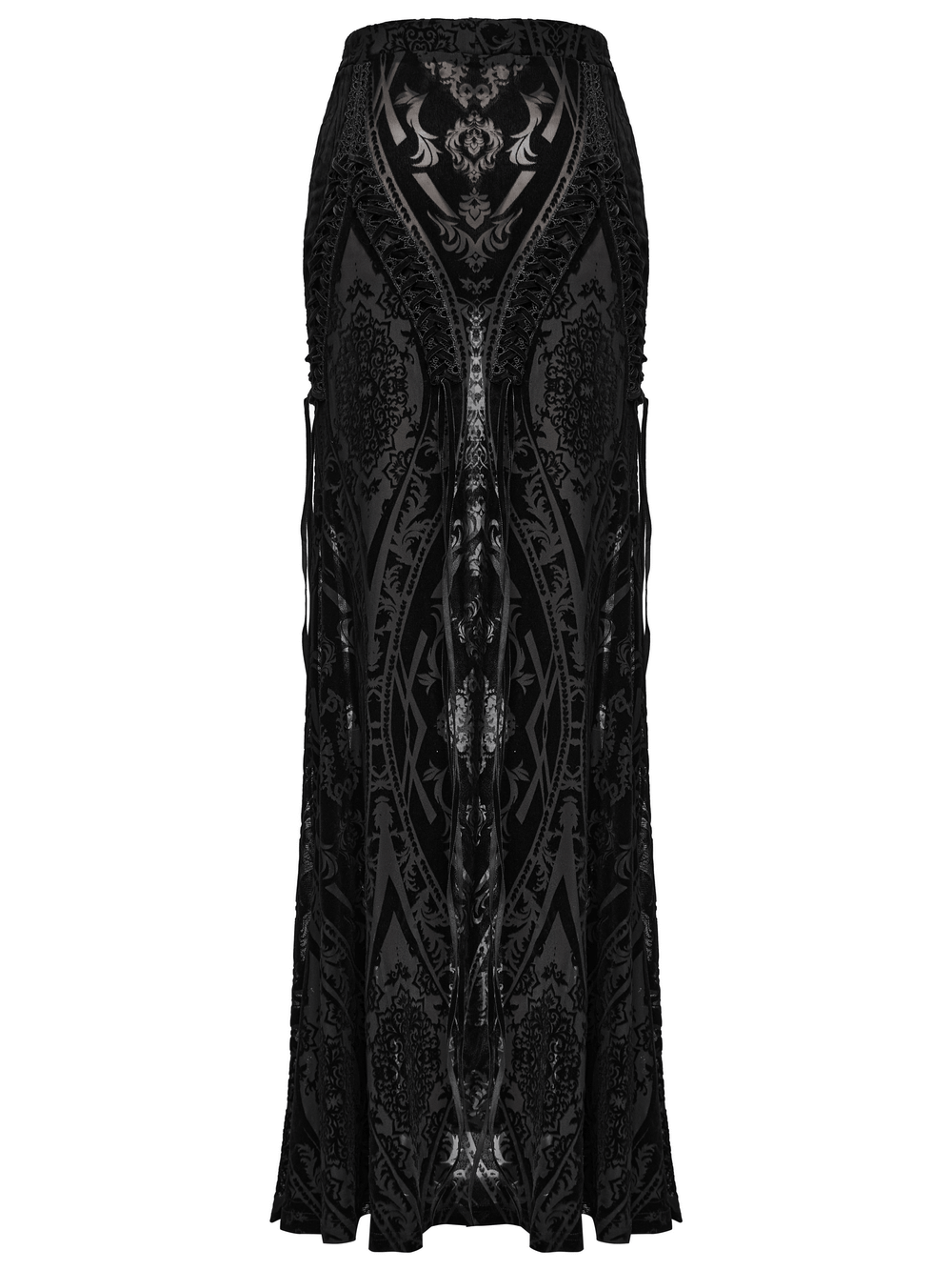 Black flocked mesh gothic maxi skirt with lace details and elegant totem patterns.