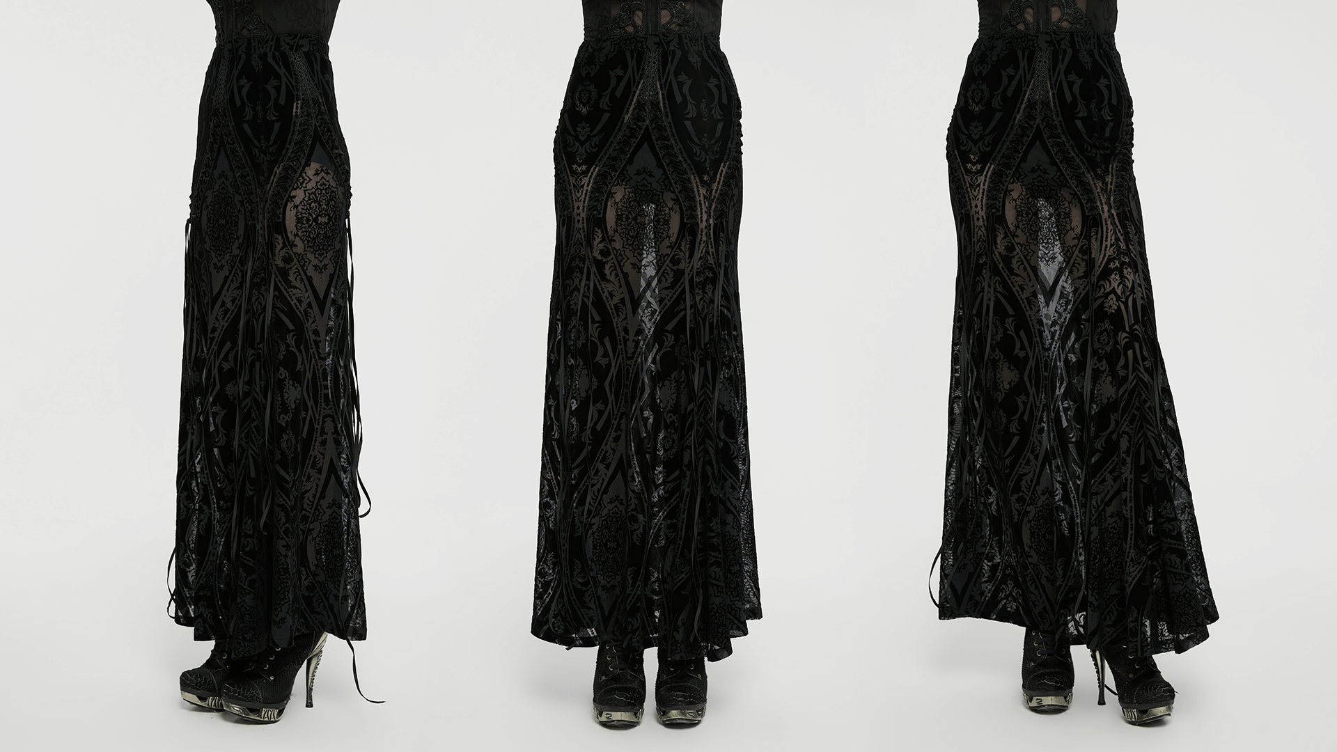 Black flocked mesh gothic maxi skirt with lace drawstrings, showcasing intricate patterns and flowing design.