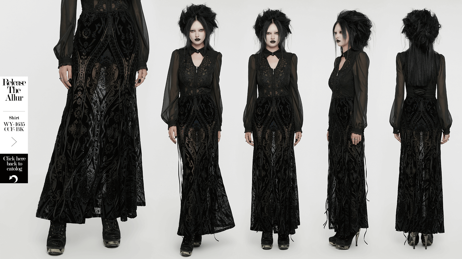 Elegant black flocked mesh gothic maxi skirt with lace details and flowing design, showcasing intricate totem patterns.