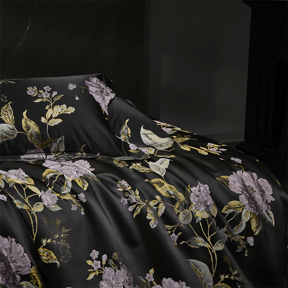 Black Floral Cotton Satin Bedding Set with Peonies on a luxurious bed with vibrant floral designs in soft satin.