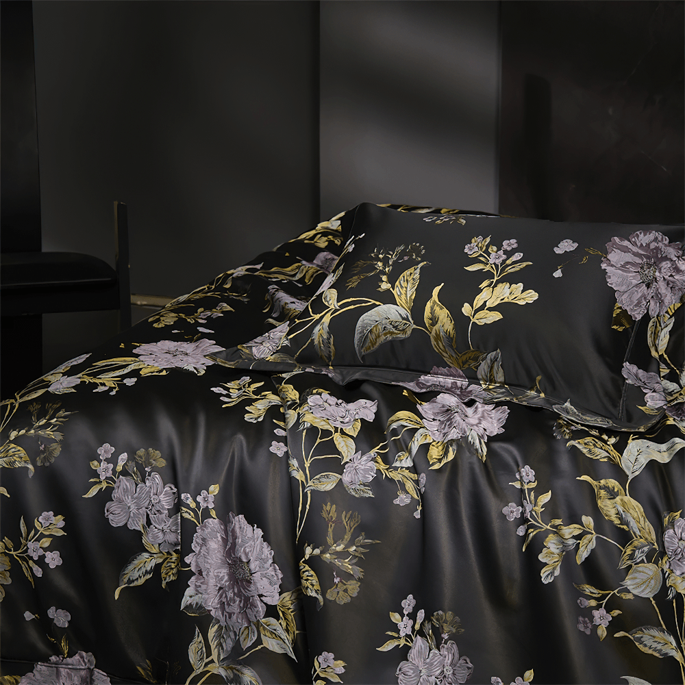 Black Floral Cotton Satin Bedding Set with Peonies, luxurious floral duvet cover set with peonies print.