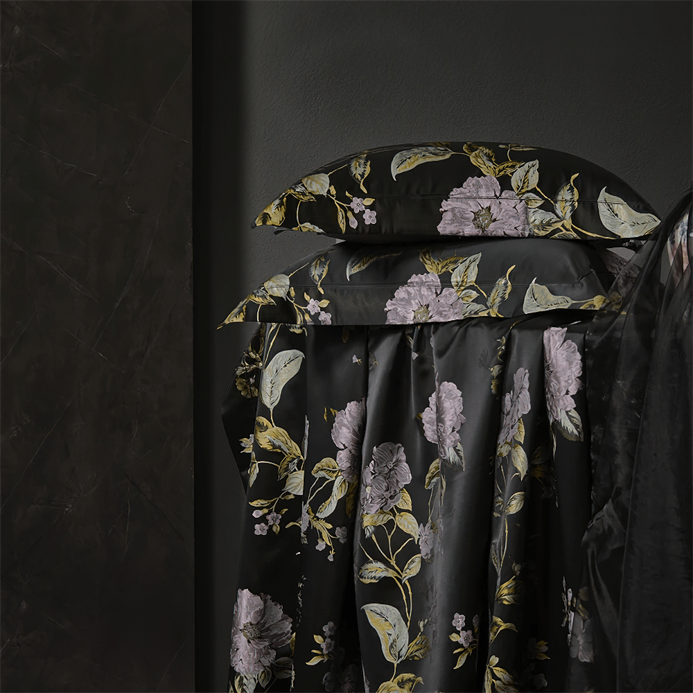 Black Floral Cotton Satin Bedding Set with Peonies featuring elegant floral print and smooth satin finish.